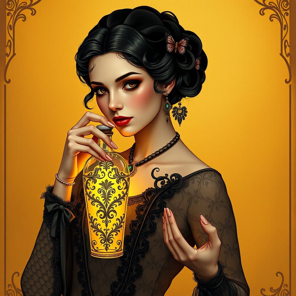 Elegant Lady Displays Antique Bottle with Glowing Liquid in ...