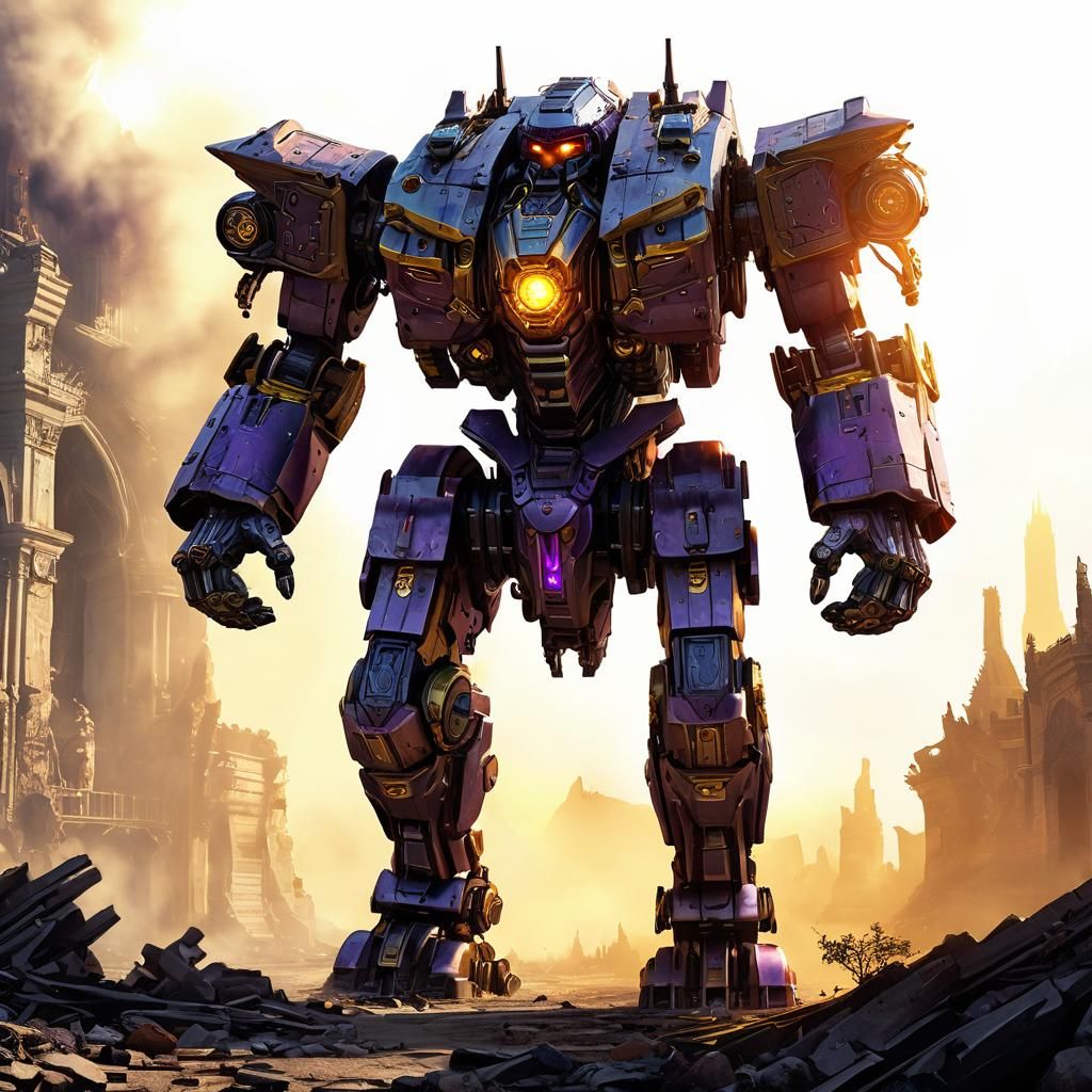 Mech Fires Amidst Gothic Ruins in Dark Fantasy Style