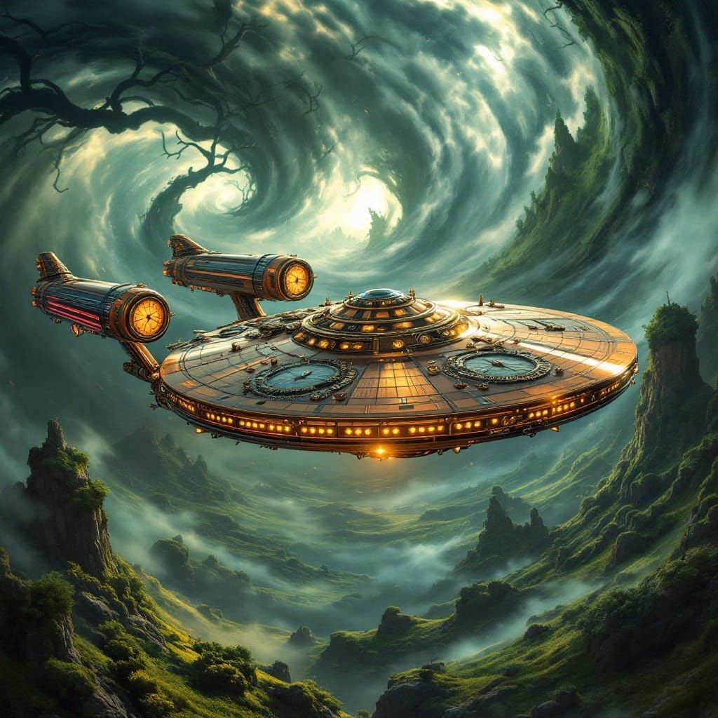 Surreal Steampunk Starship Enterprise in Whirlwind Tornado