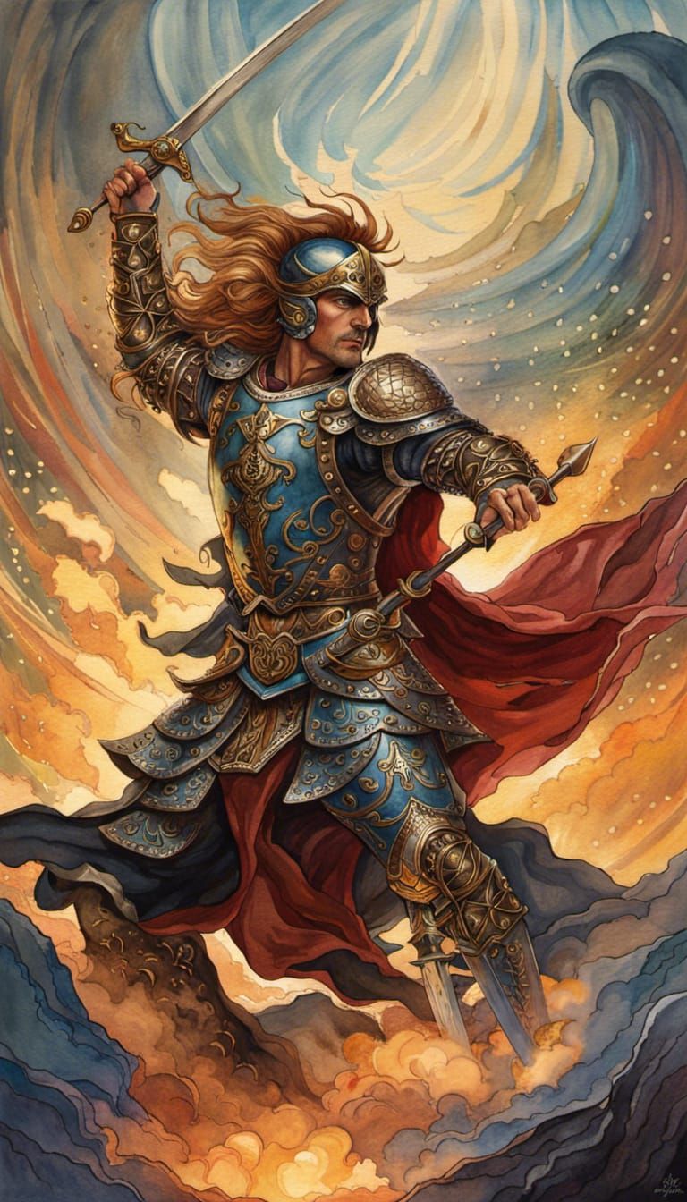 Warrior Charging into Battle: Art Nouveau Watercolor