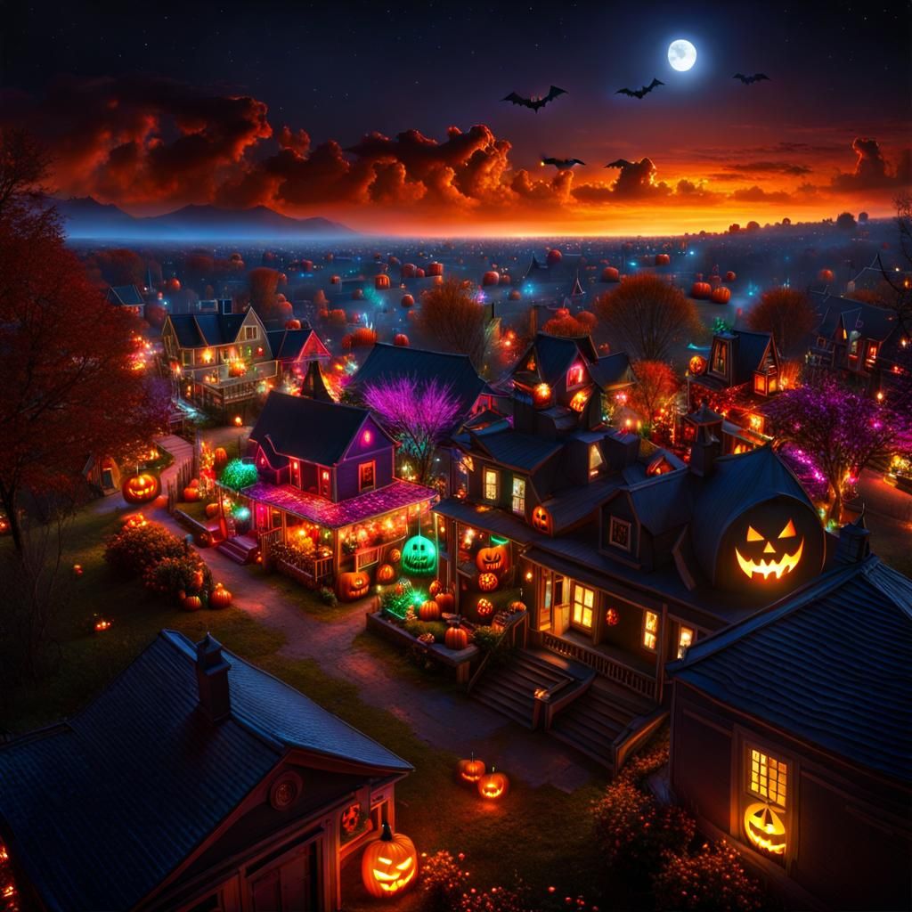 Halloween Night in Small Town: Digital Art