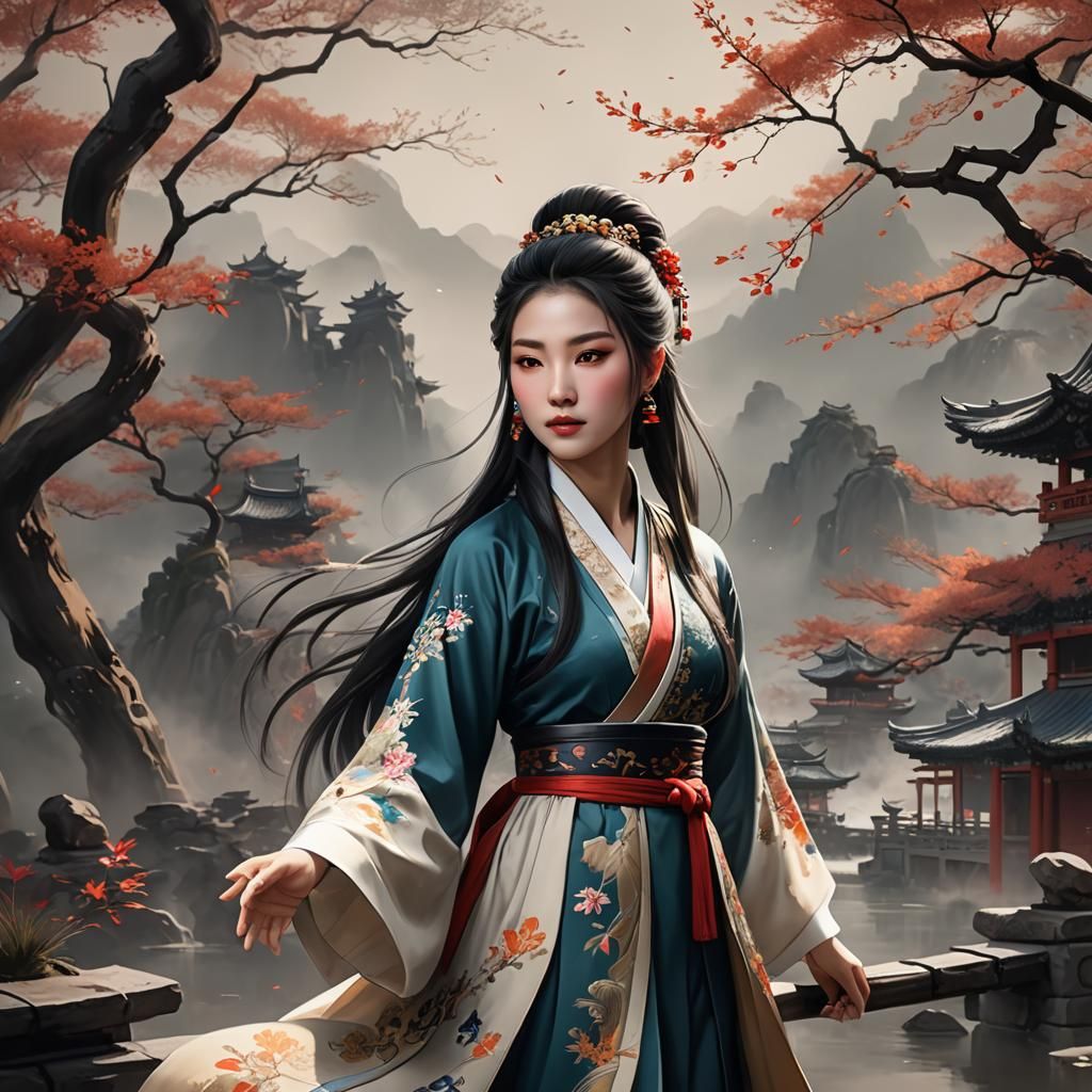 Chinese Girl in Hanfu: Traditional Matte Painting