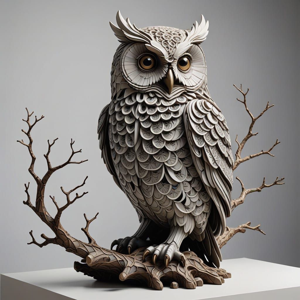Intricately Detailed Clay Owl Sculpture with Textured Feathe...