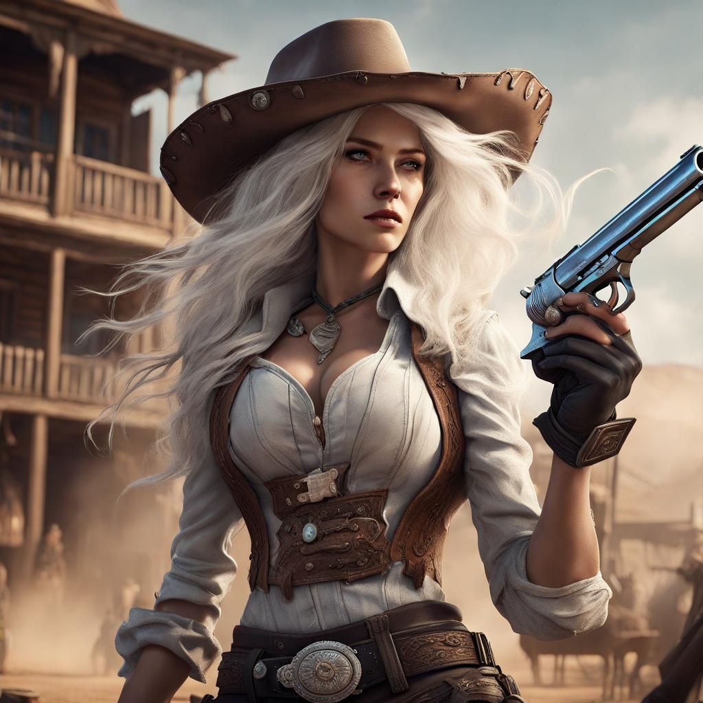 Wild West Female Gunslinger with Pistols, Detailed Matte Pai...