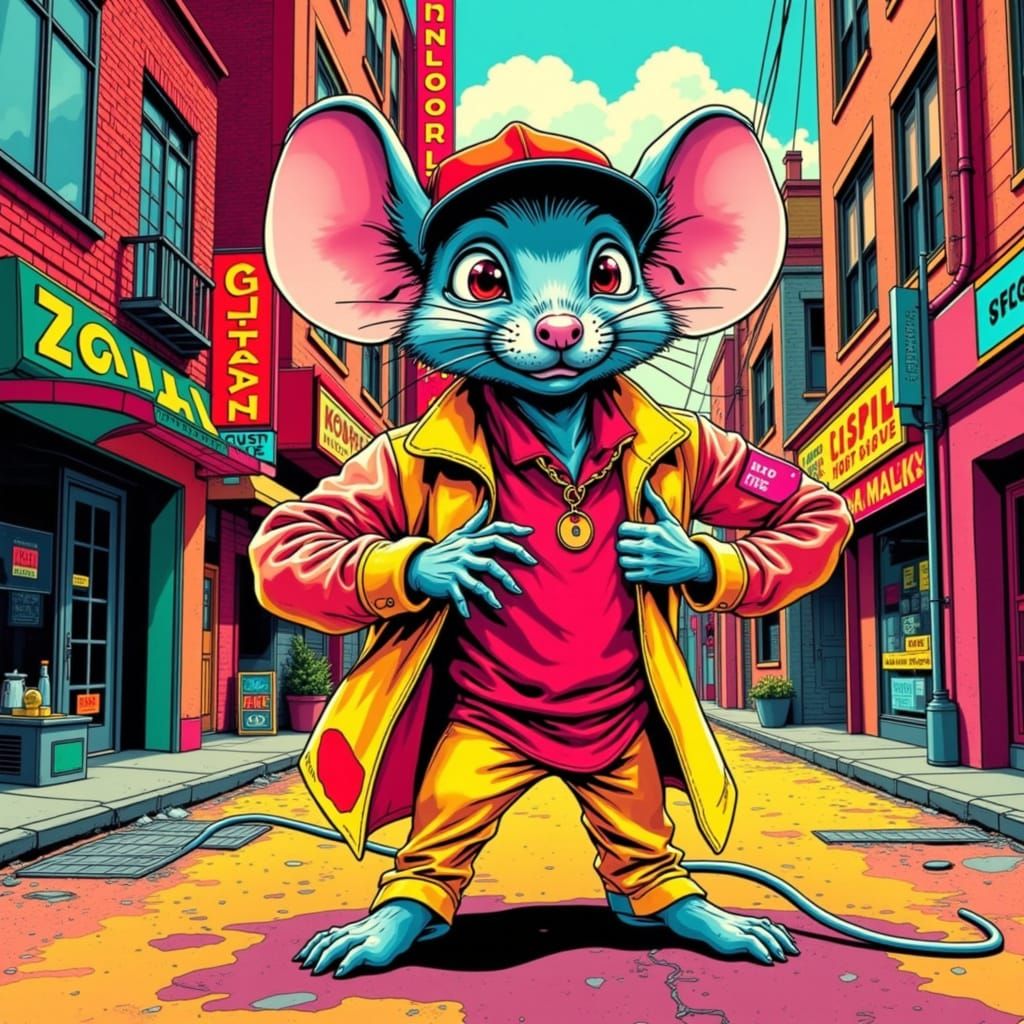 Playful Mouse Posing in Graphic Cityscape