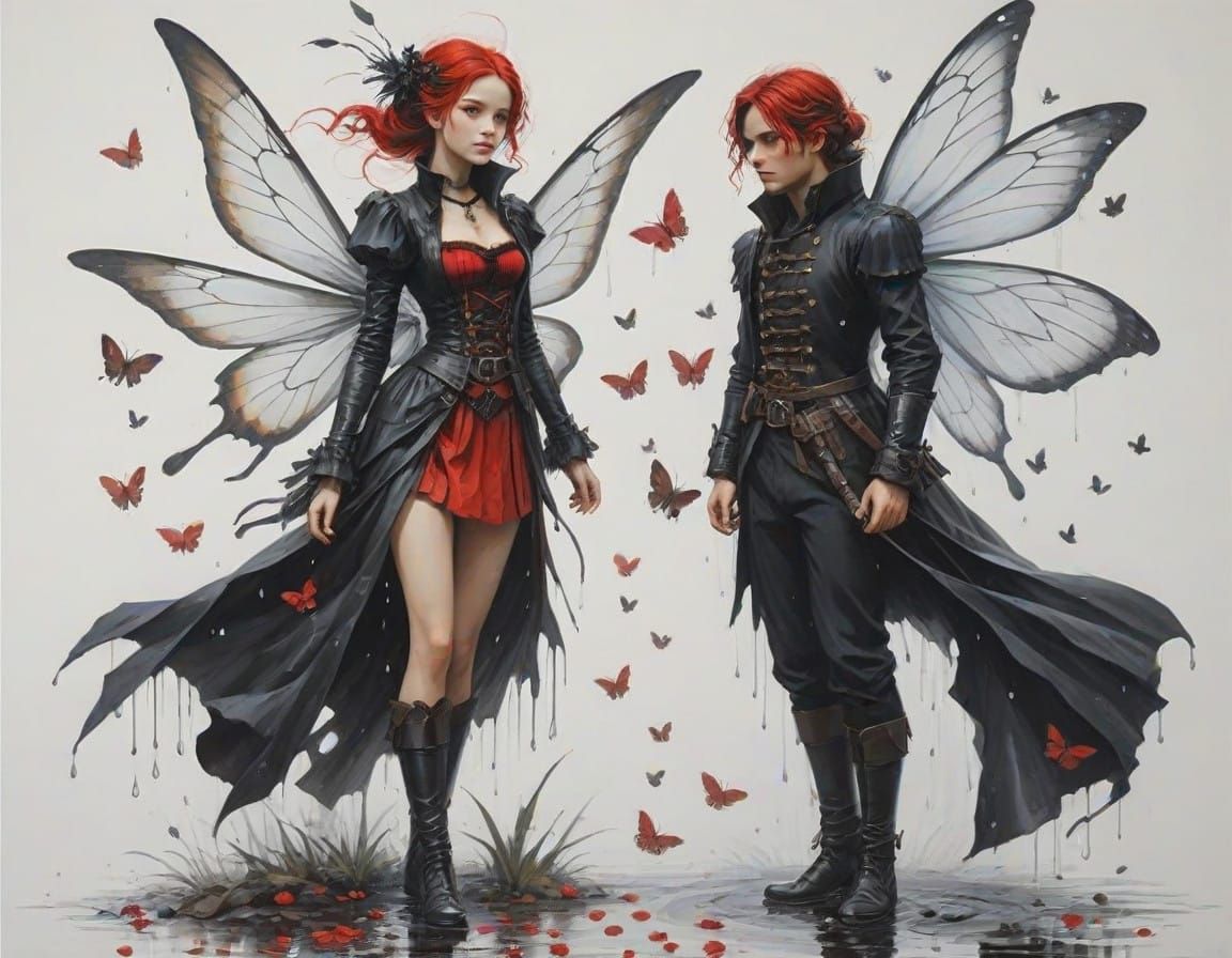Two Dark Fairies with Black Wings, soot and Crimson, in the....