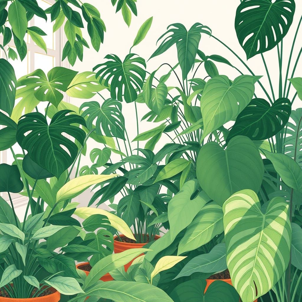 Lush Indoor Jungle of Houseplants in Botanical Illustration ...