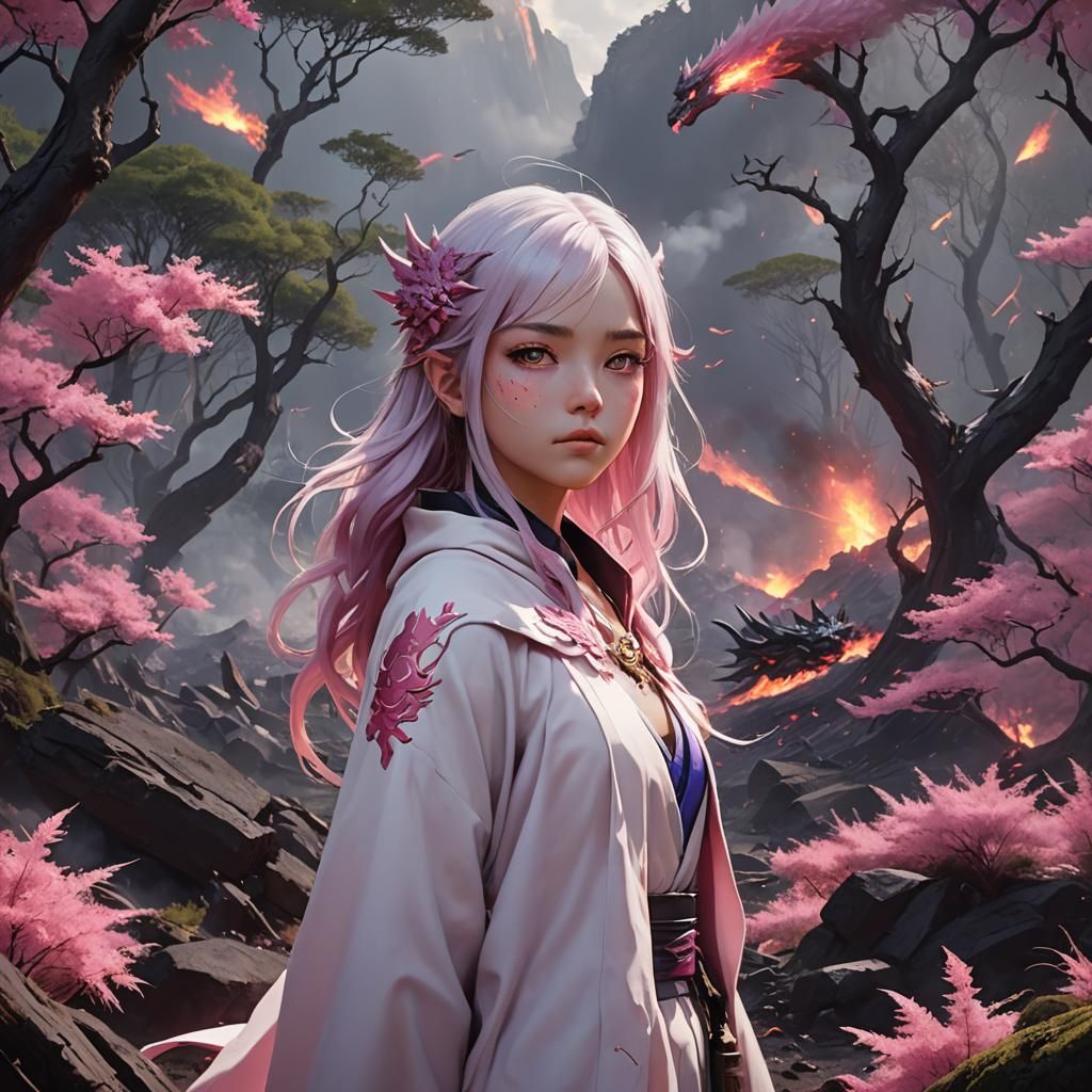 Anime Woman and Dragons Before Erupting Volcano