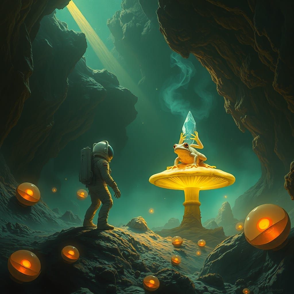 Astronaut and Crystalline Frog in Alien Cavern