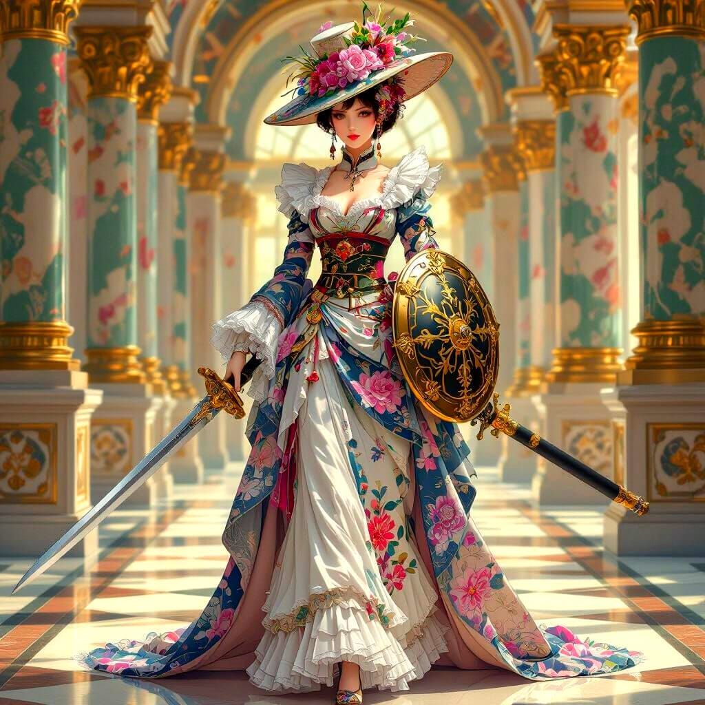 Victorian Lady Warrior in Palace, Fantasy Art Style