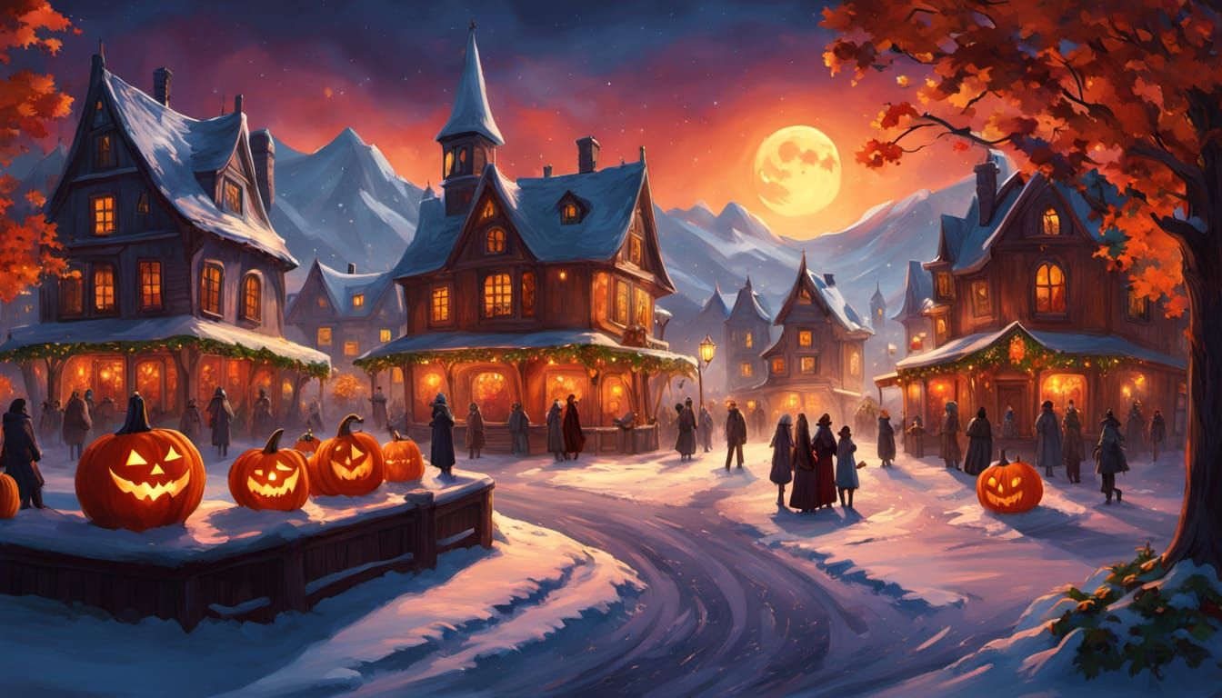 Eerie Twilight Village Where Autumn Meets Winter