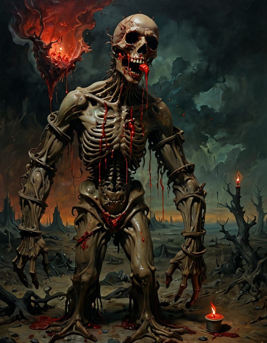 Grotesque, Rotting Abomination in Blood Red Hues, Oil on Can...