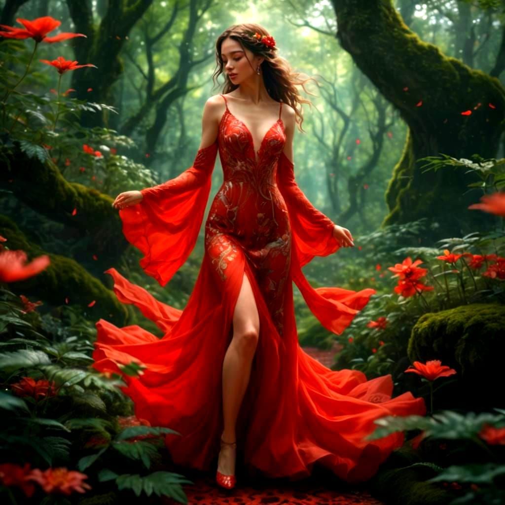 Woman in Red Gown in Surreal Forest, Photorealistic