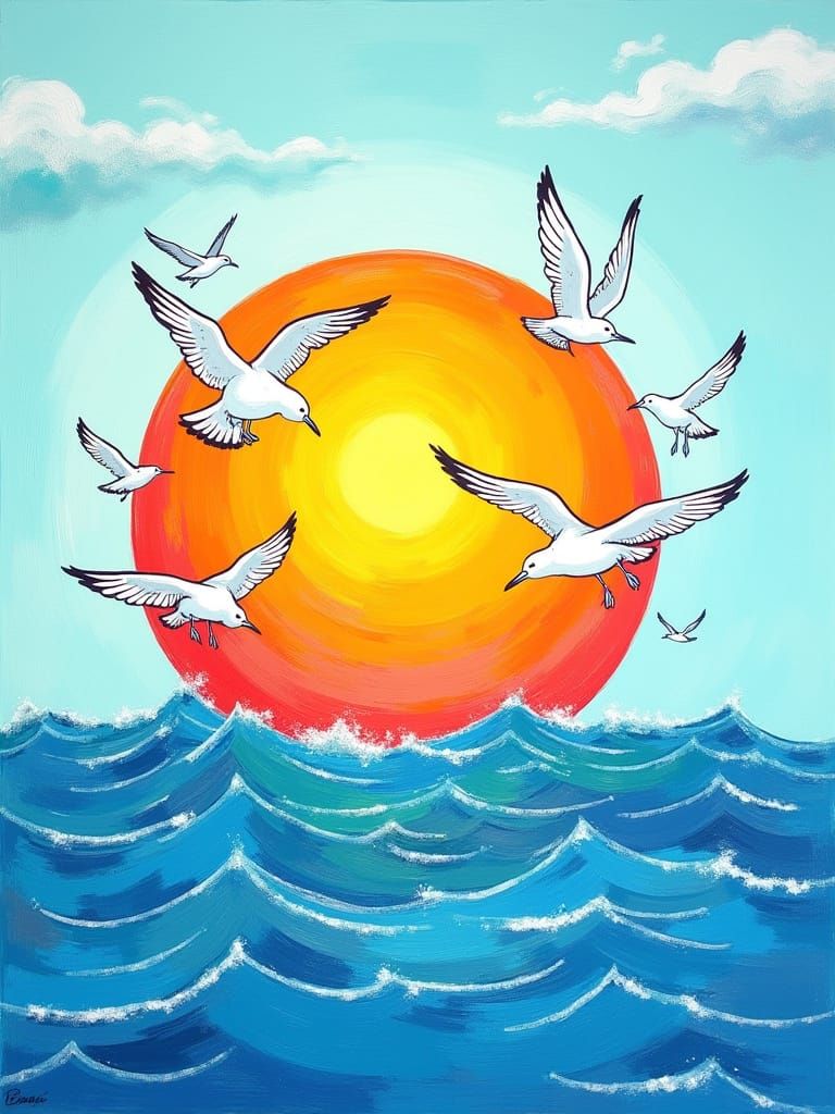 Whimsical Cartoon Ocean Scene with Colorful Circle and Seagu...