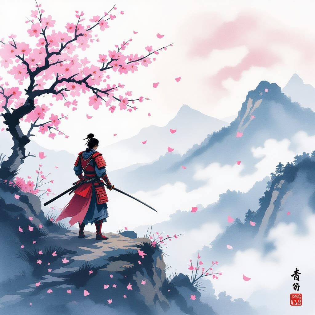 Crimson Samurai on Mist-Shrouded Mountaintop in Ink Wash Sty...