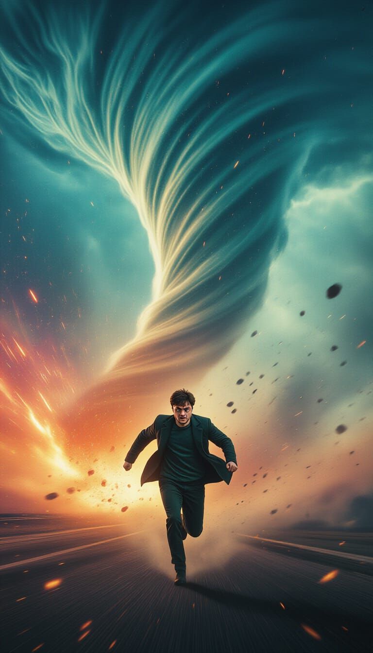 Man Runs From Tornado in Cinematic Film Still