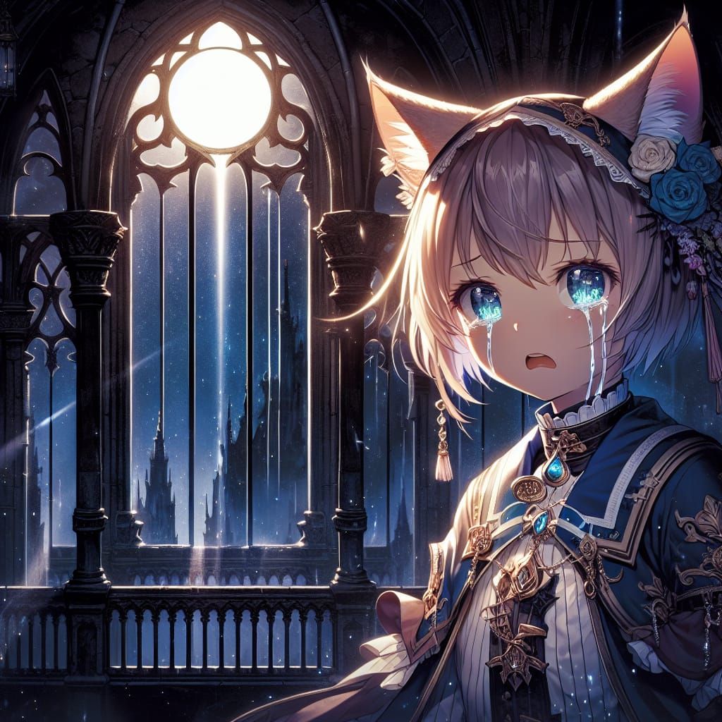 Anime Catgirl's Defiance in Gothic Tower