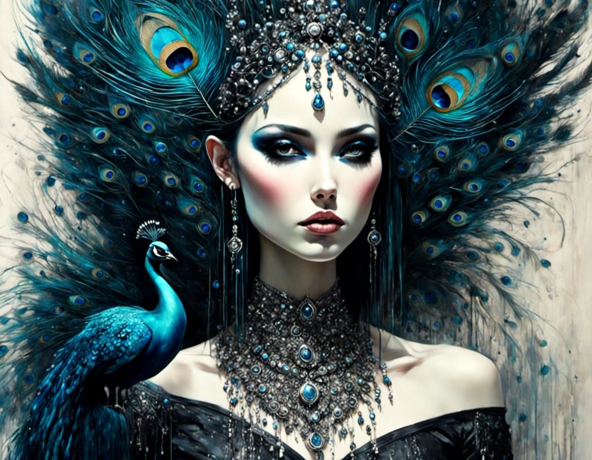 Goth Punk Peacock Girl in Fantasy Art Style