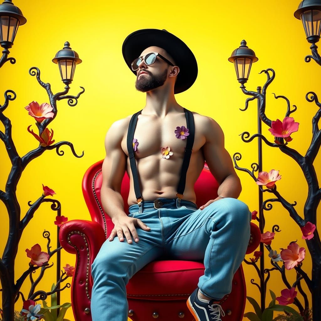 Man in Ornate Chair with Floral Tattoos, Surreal Pop Art Sty...