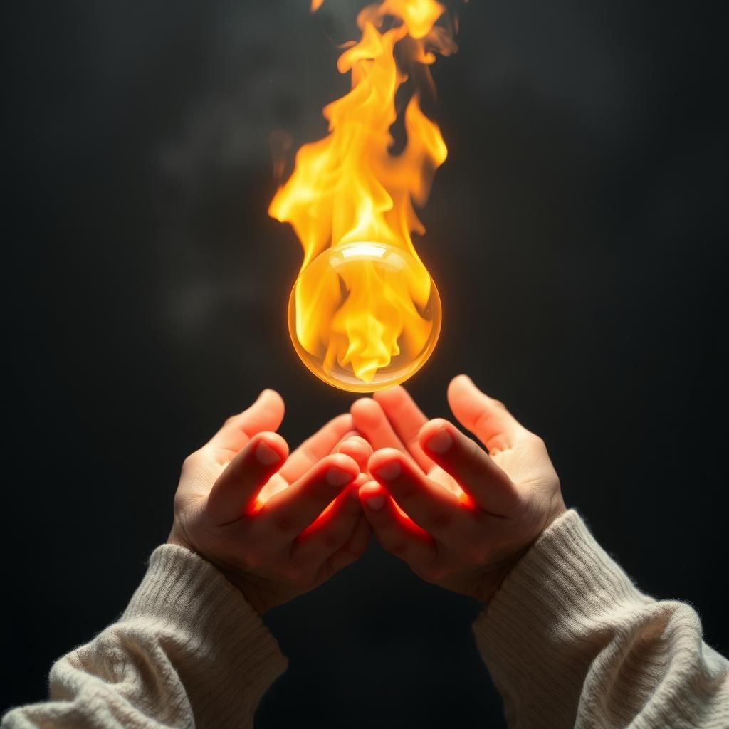 Glowing Fire Orb Suspended Between Two Hands
