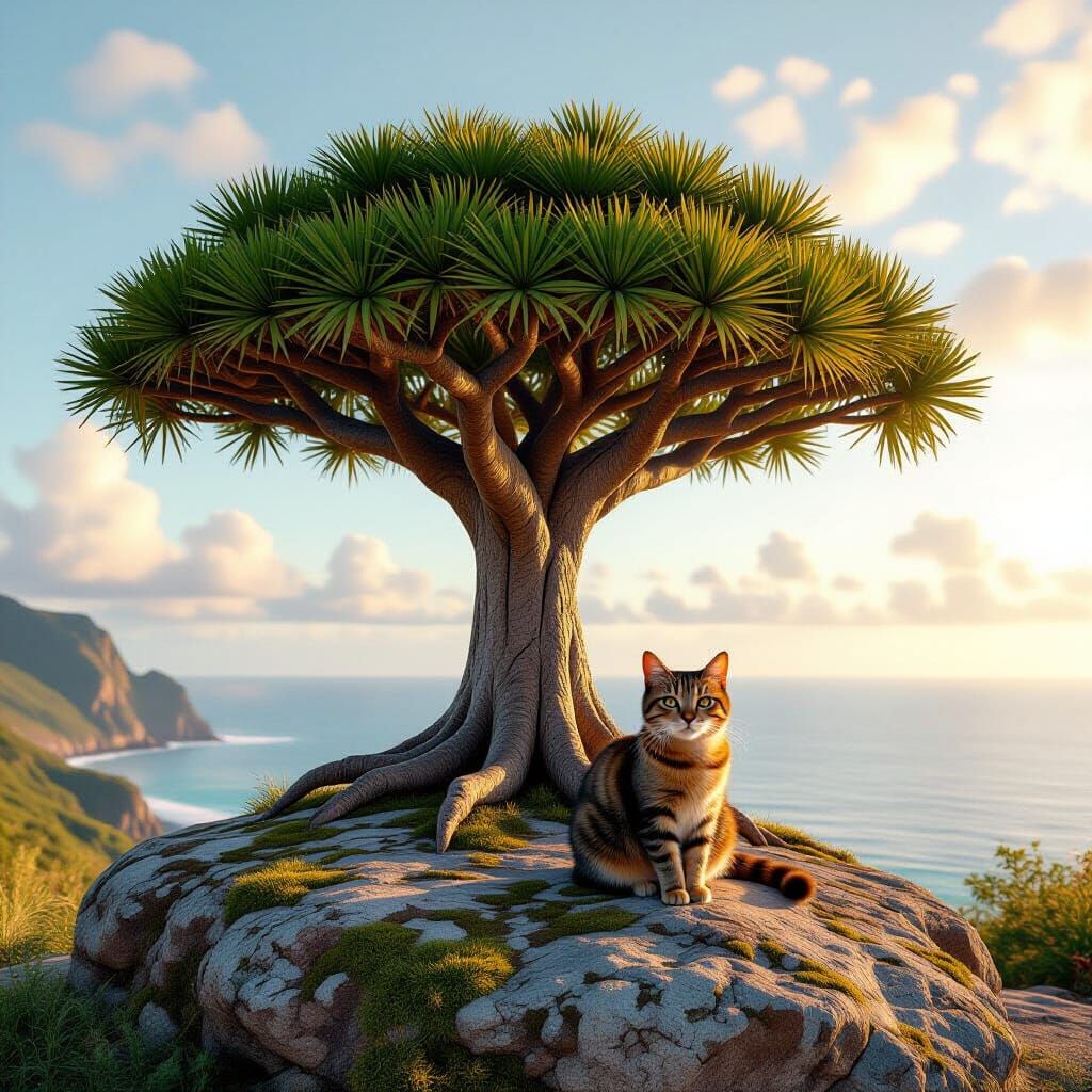 Majestic Dragon's Blood Tree with Cat by Ocean