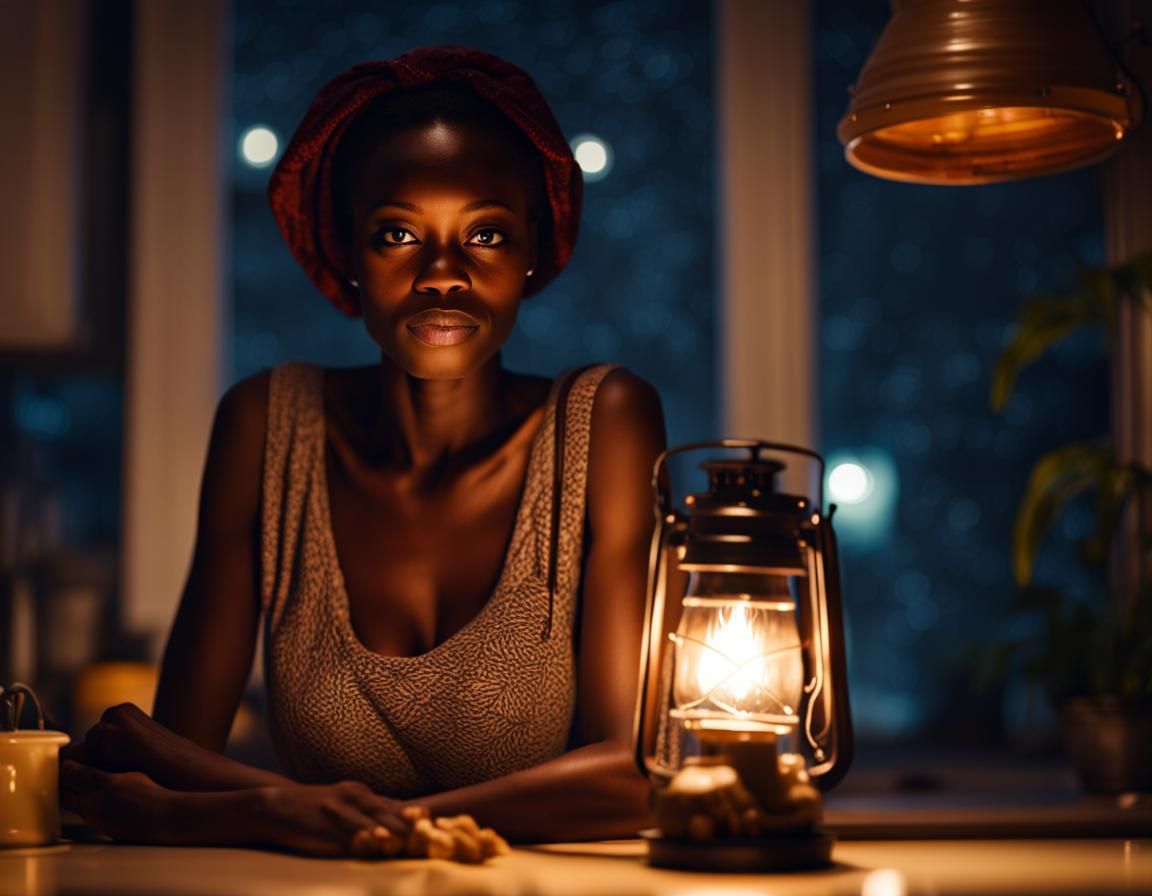 African Woman in Kitchen with Hurricane Lantern