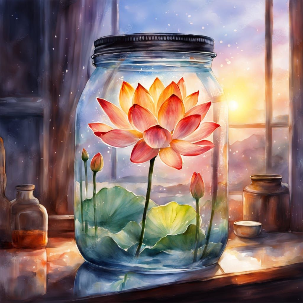 Lotus in a jar, Majestic, background watercolor sunrise, condensation on glass