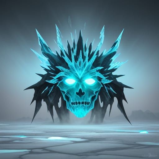 Juxtaposition. A demon made of ice slowly dissolves into aerogel filaments that drift like frozen smoke