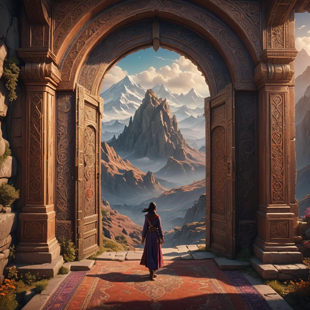 Magic Portal: Girl and Flying Carpet in Fantasy Art