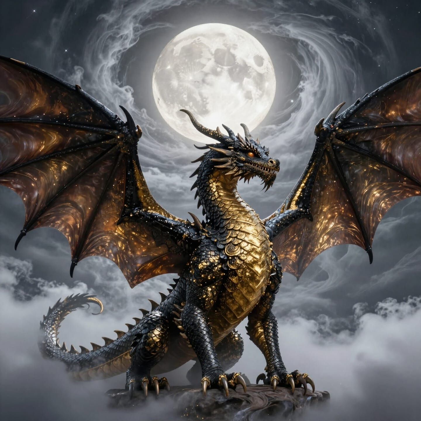 Black and Gold Dragon Under Full Moon in Cloud Vortex