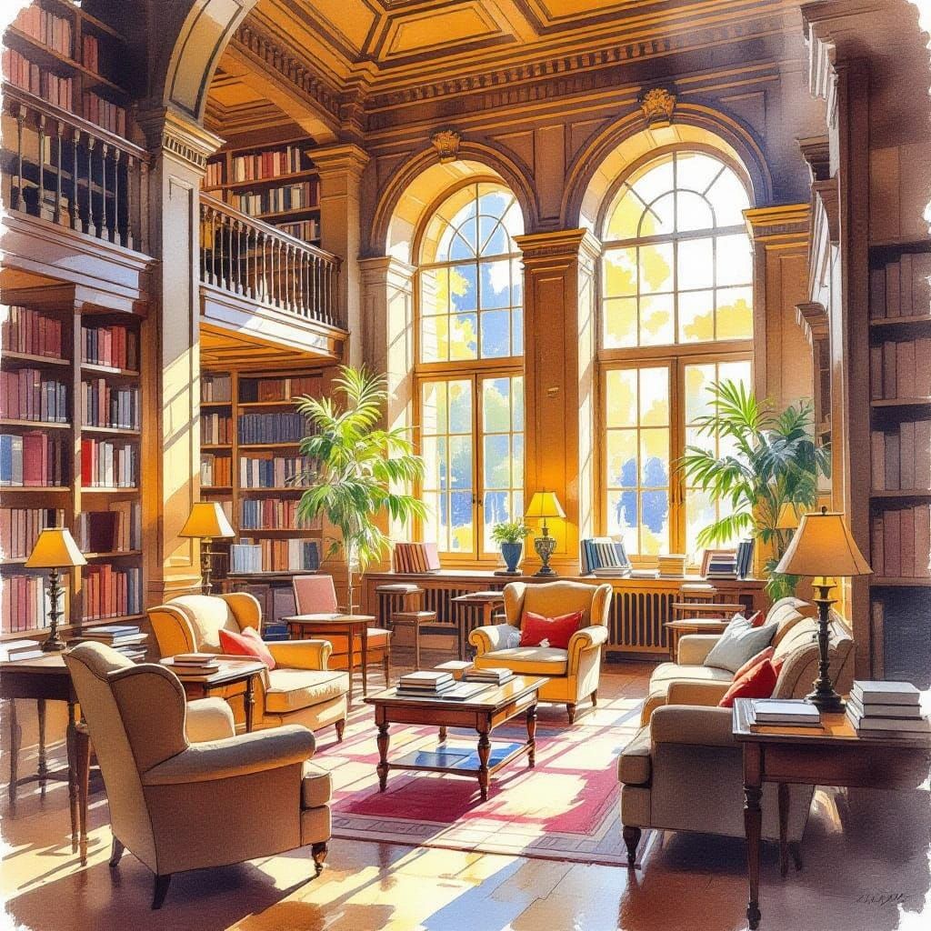 Vast Library in Warm Golden Light, Expressive Watercolor