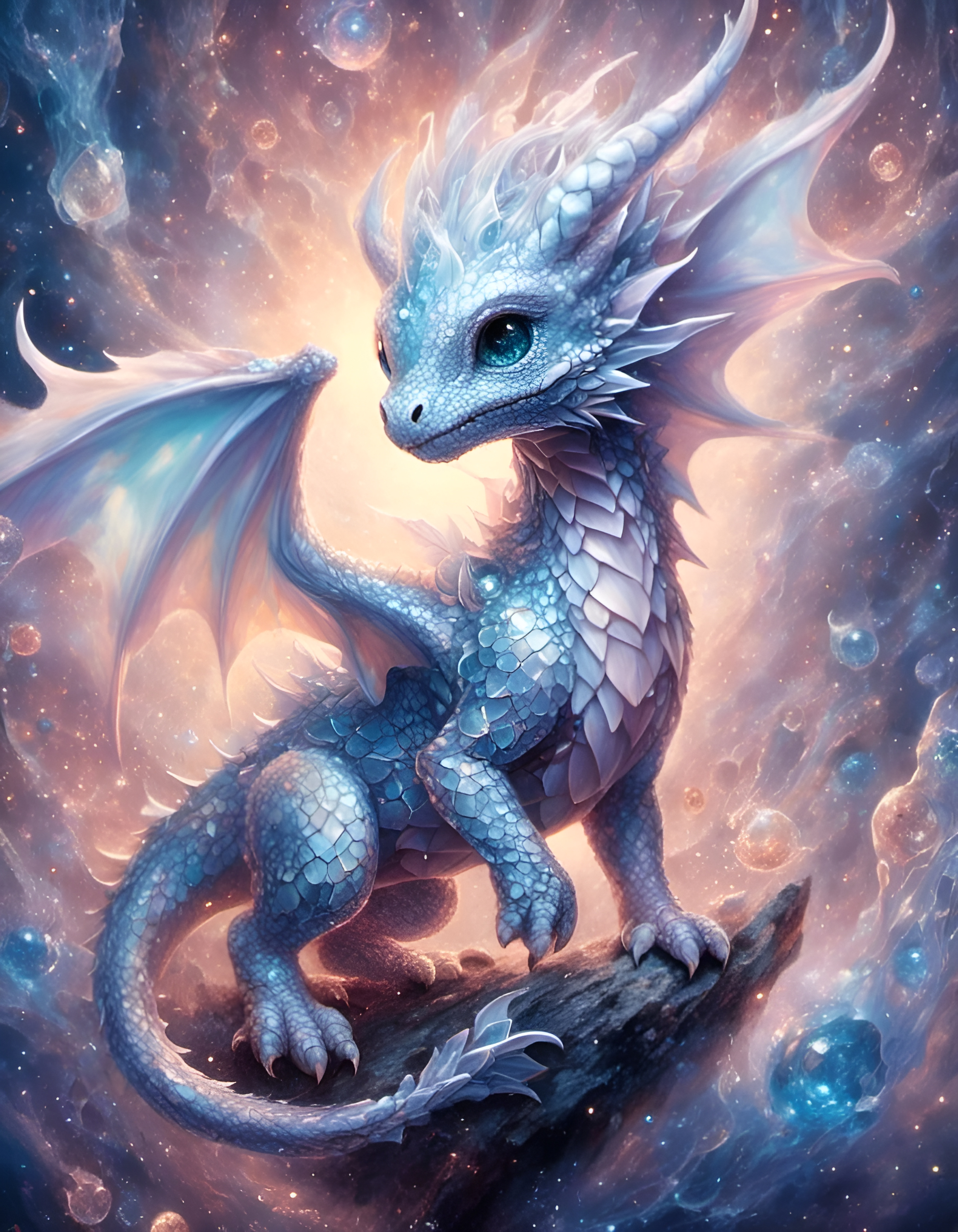 Pastel Cracked Glass Dragon Hatchling in Starry Sky