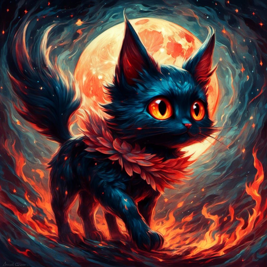 <lora:Macabre:1.0> an adorable litten pokemon, dark starry night, flames, gorgeous eyes, fantasy illustration, textured ...