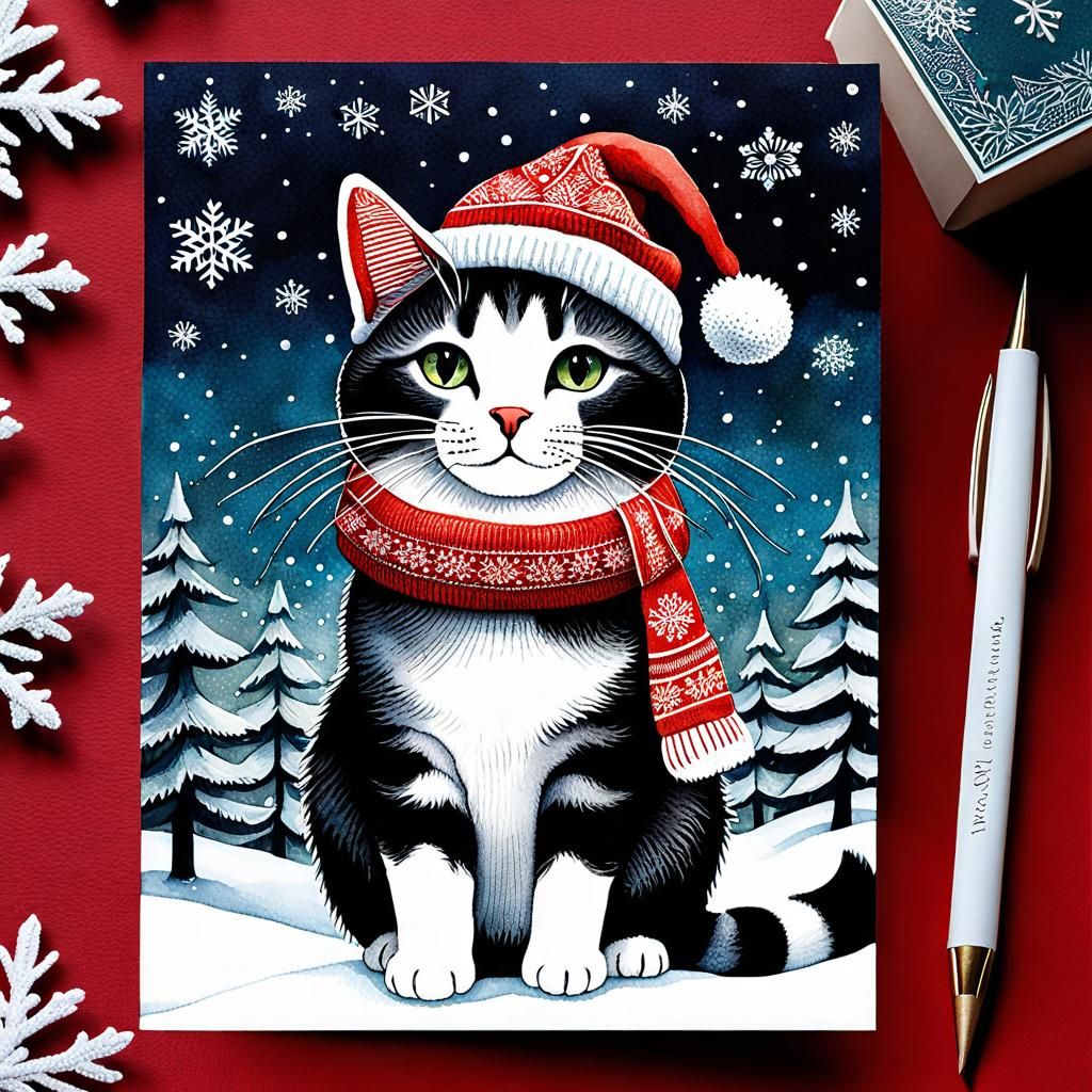 Festive Kitty Christmas Card in Watercolor Style
