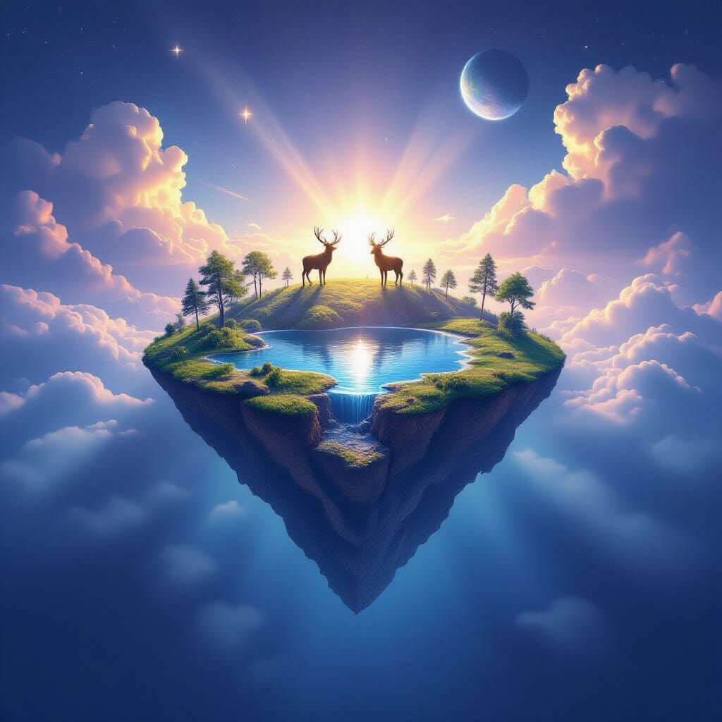 Floating Island with Elks in Space