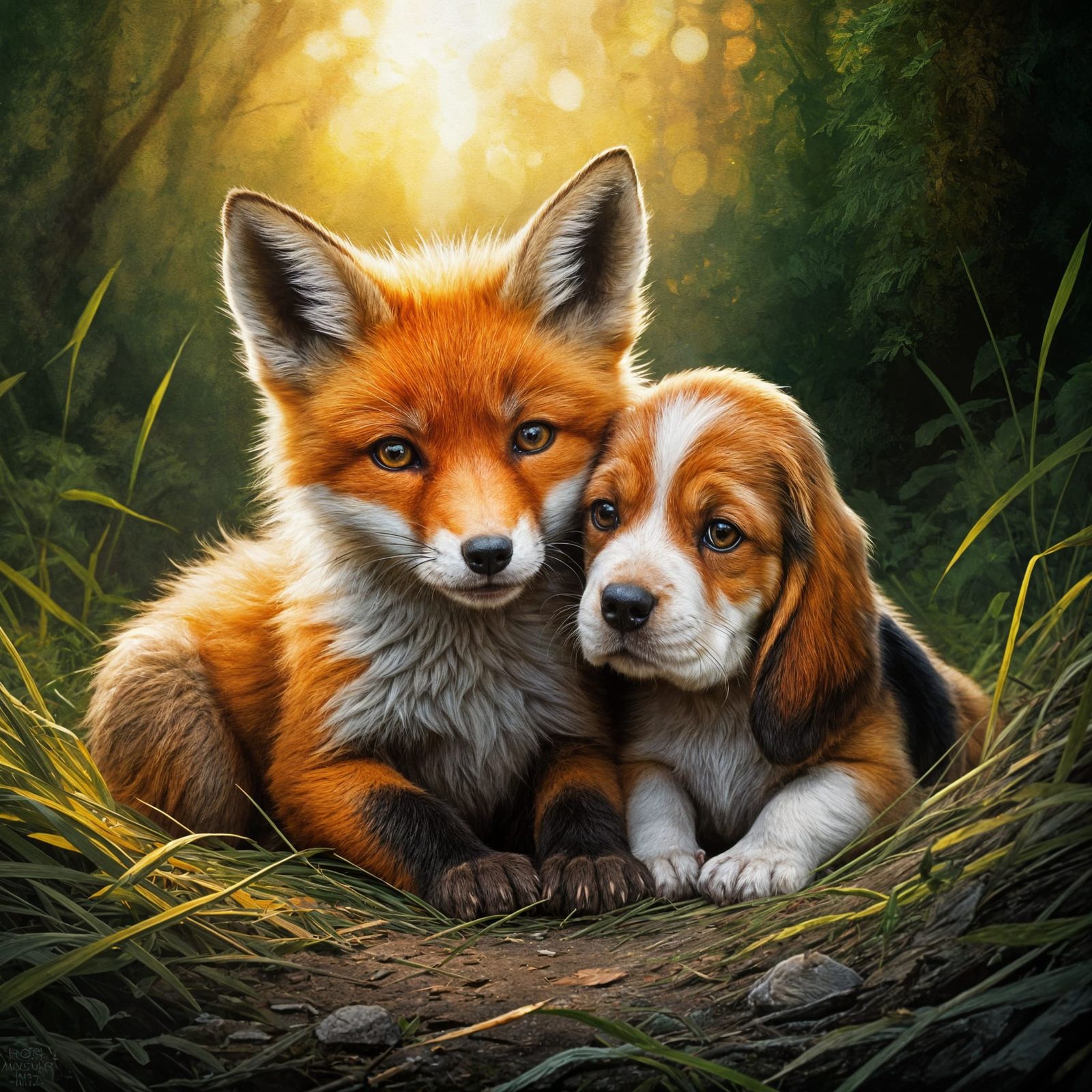 Adorable Fox and Hound Puppy Cuddling Portrait