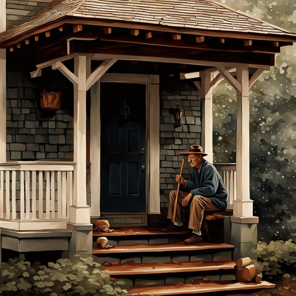 Man Carving Wood in Rainy Norman Rockwell Scene