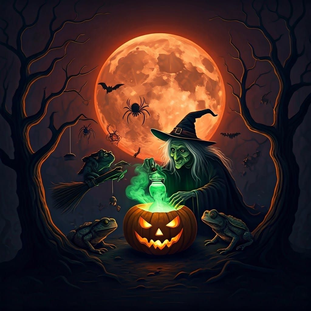 Halloween Witch Brews Potion Under Bloody Moon