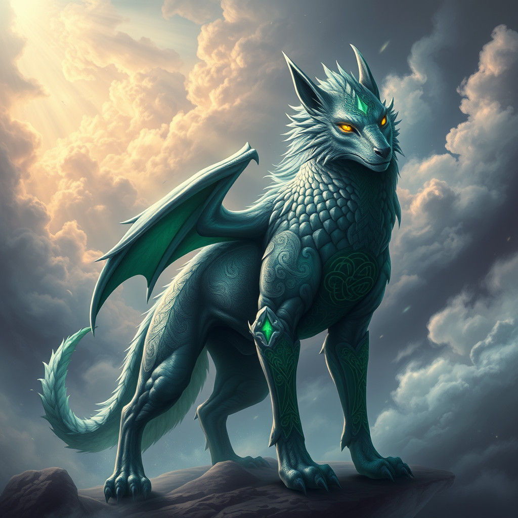 Majestic Wolf-Dragon Hybrid in Ethereal Landscape