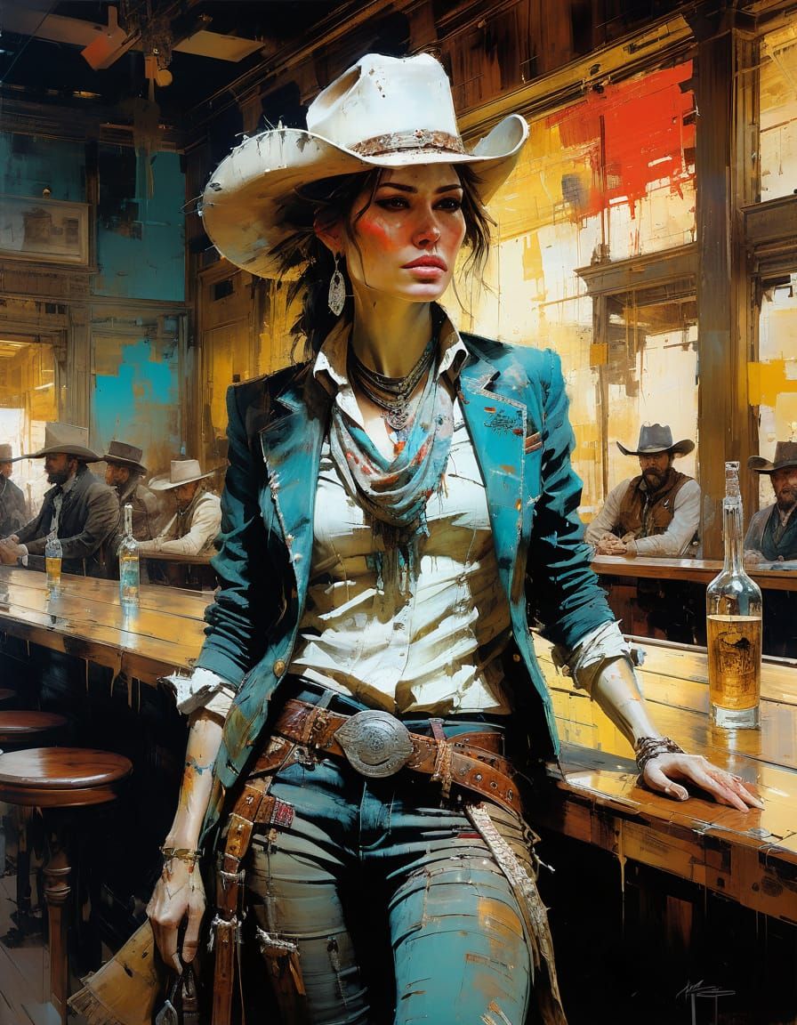 Wild West Cowgirl in Saloon, Abstract Complementary Colors