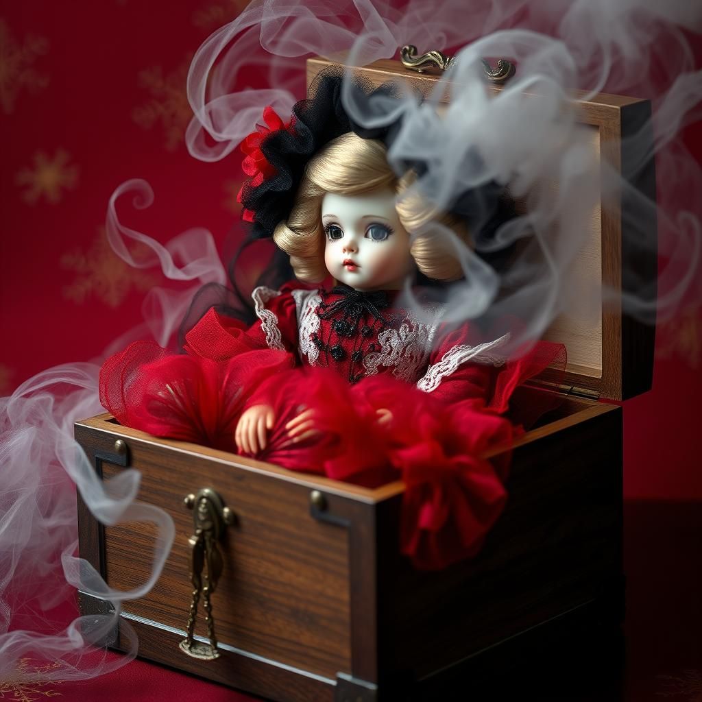 Antique Porcelain Doll in Box: Dark Whimsical Art