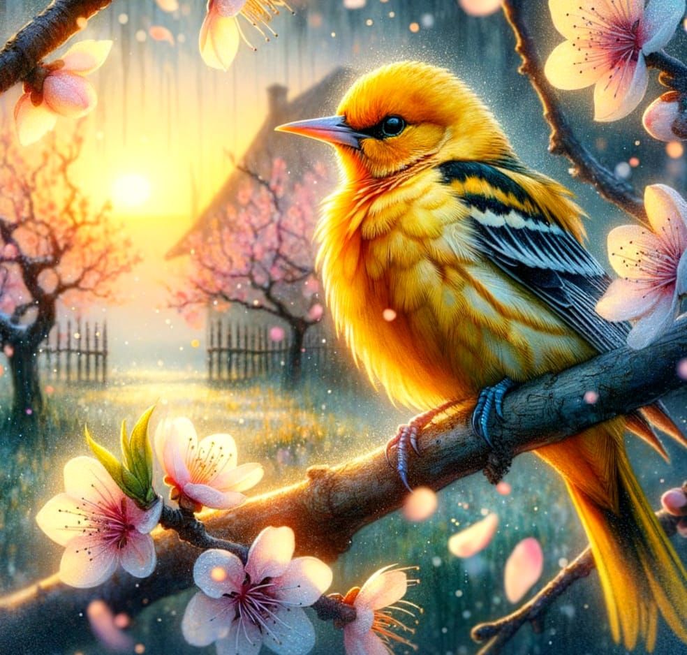 Golden Oriole on Peach Branch in Watercolour Style