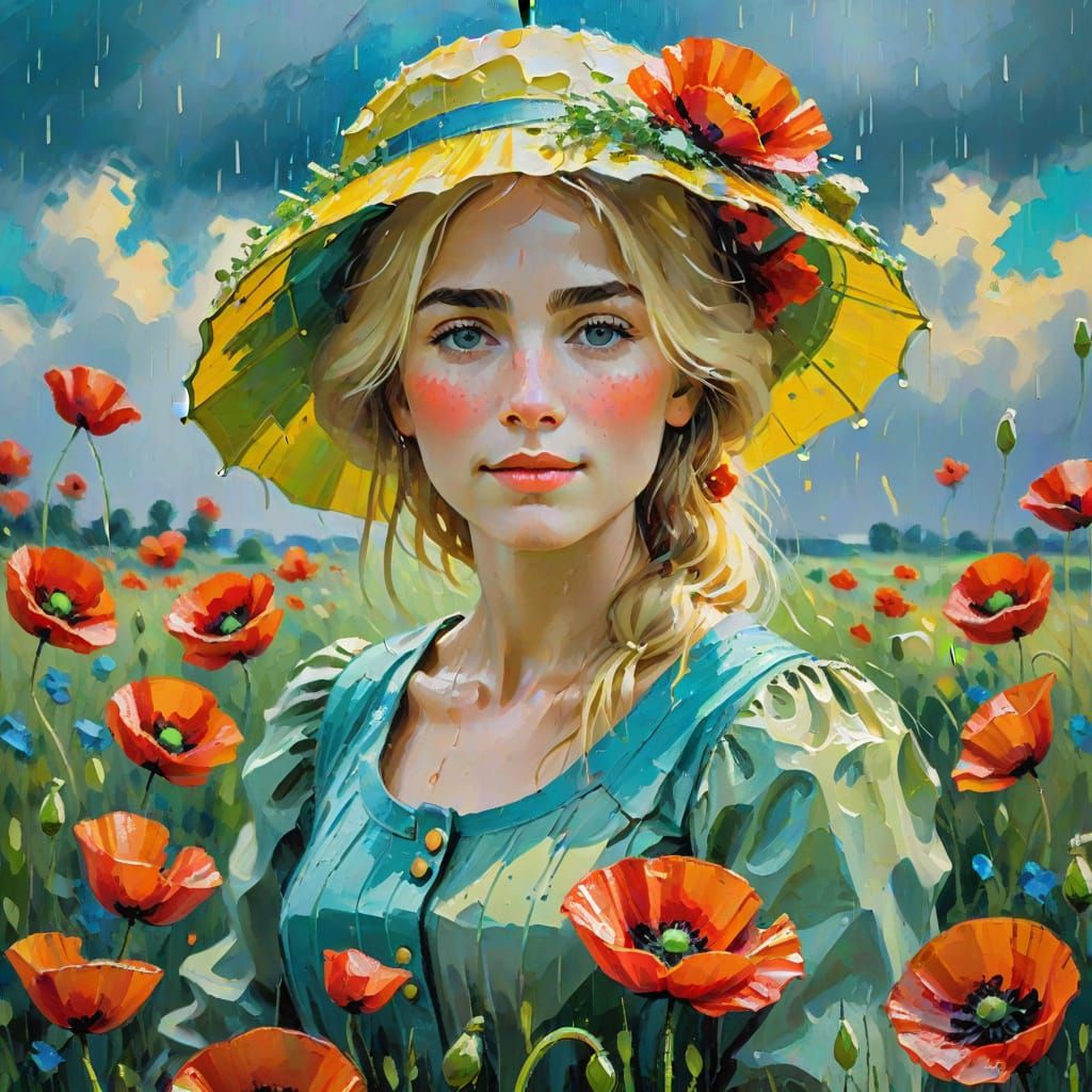 Impressionist Oil Painting: Lady in Poppy Field