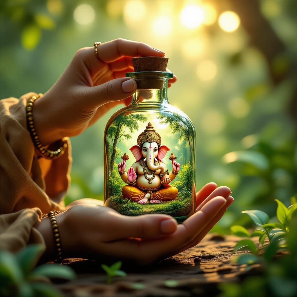 Hand Holding Bottle with Ganesha Statue Inside