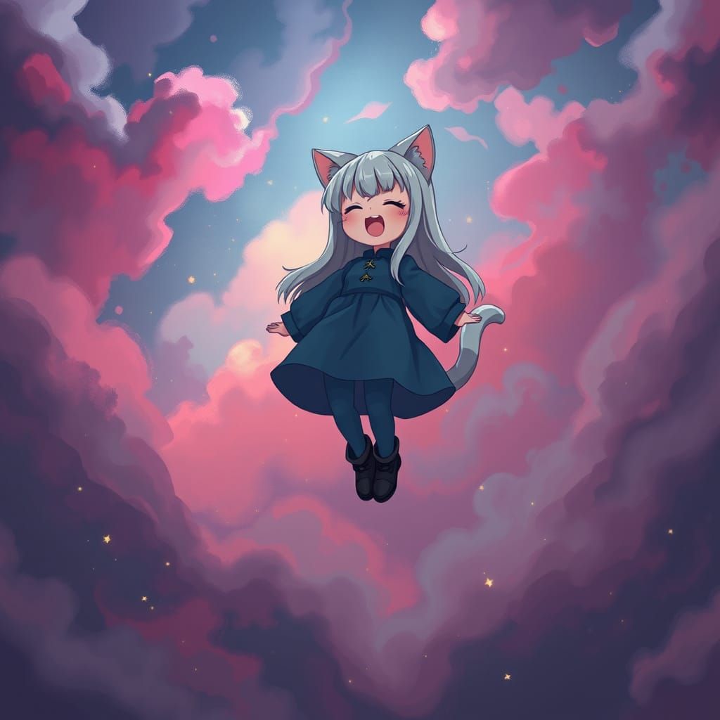 Surreal Dreamlike Scene of a Joyful Anime Catgirl