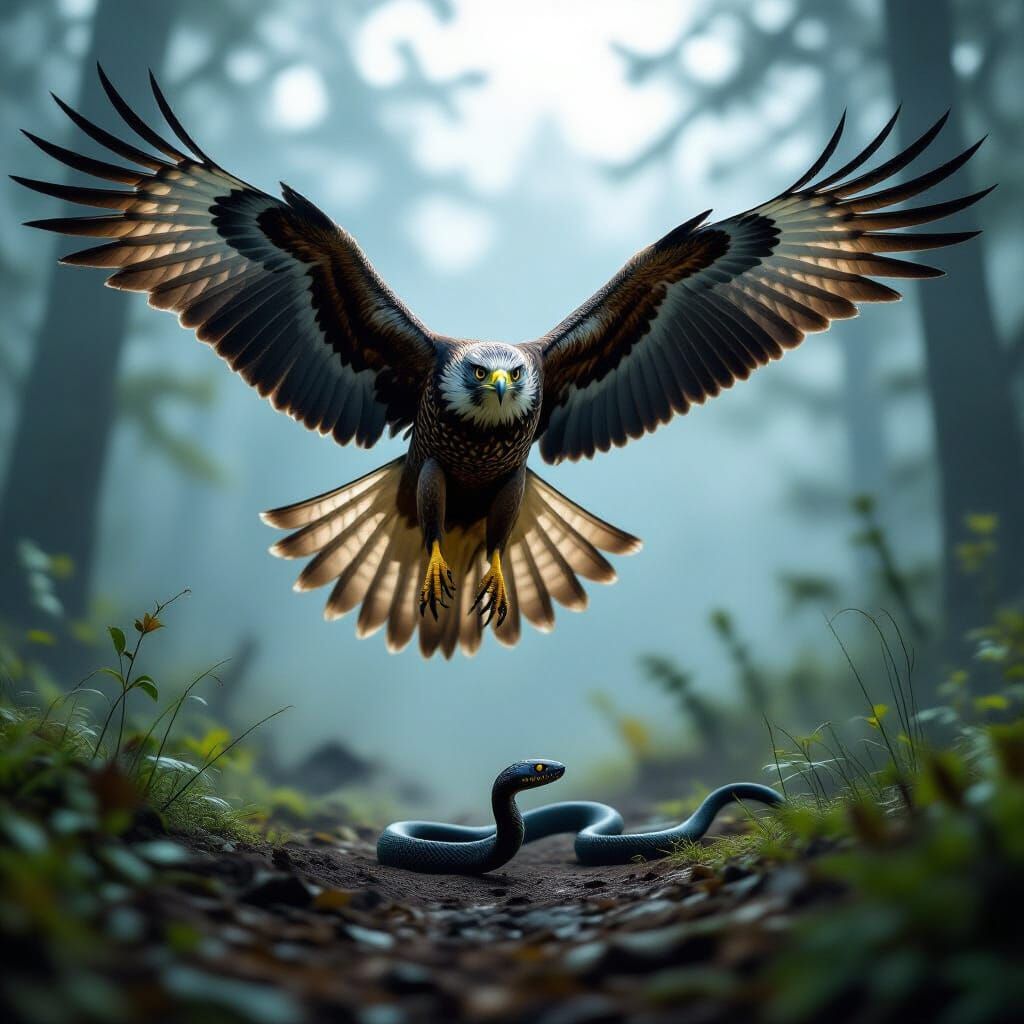 Hawk Dives for Snake in Misty Forest, Golden Eyes Focused