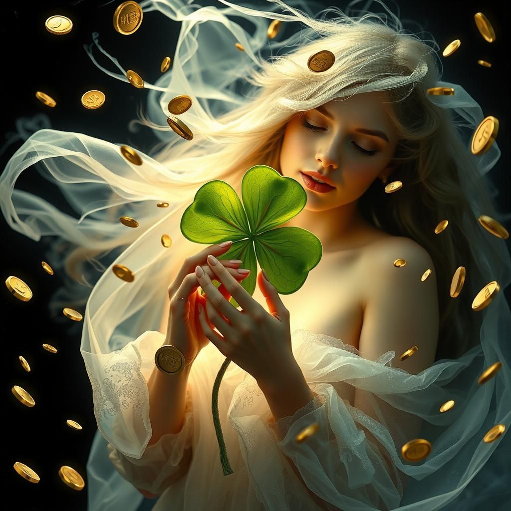 Ethereal Woman with Four-Leaf Clover in Dreamlike Fantasy