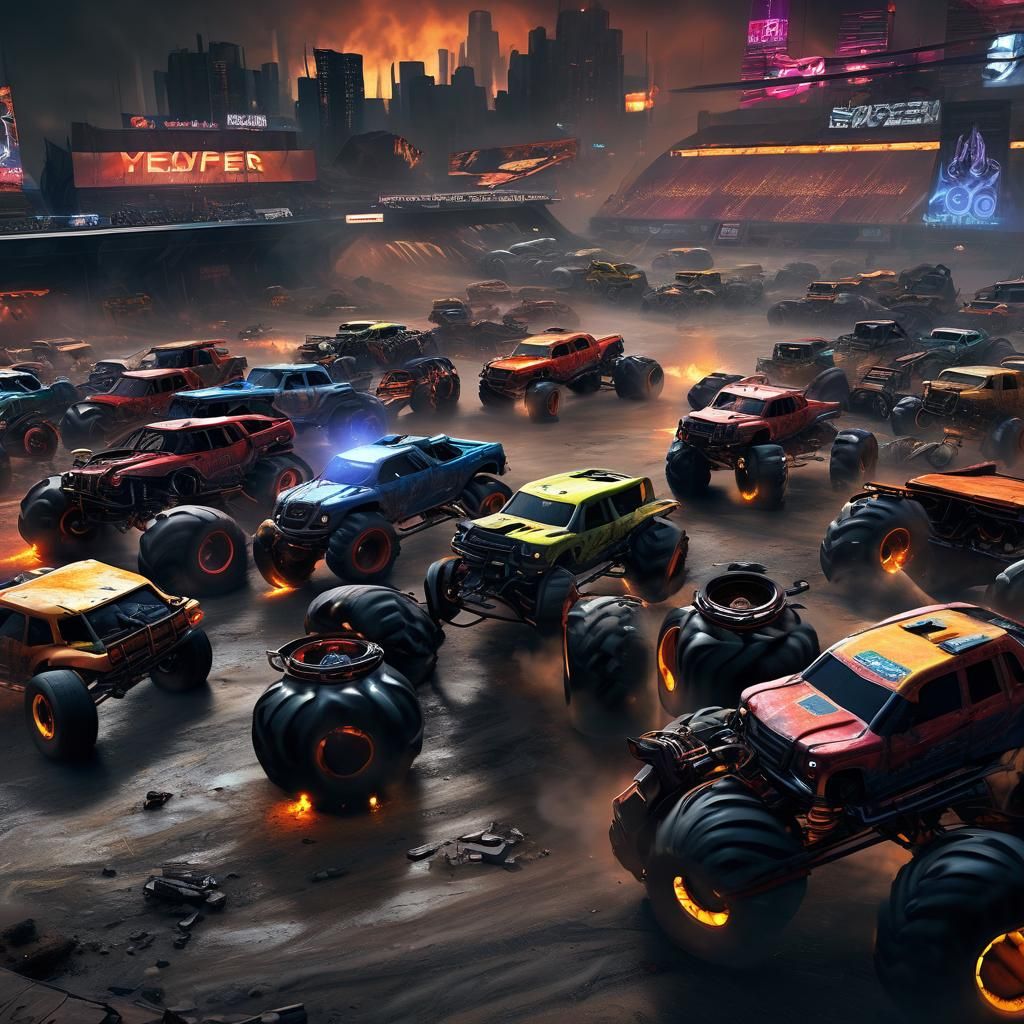 Futuristic Monster Truck Battle in Neon Wasteland