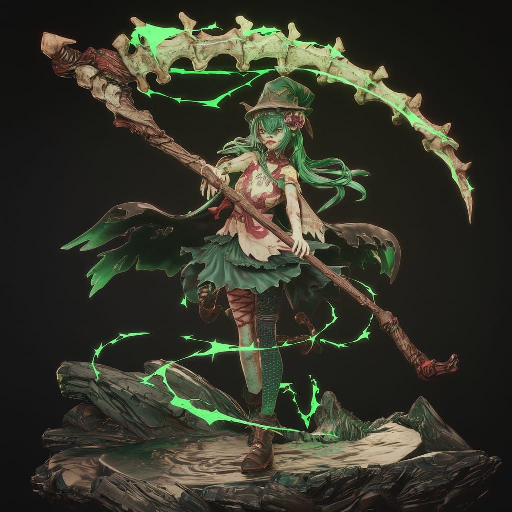 Zombie Warlock with Bone Scythe in 3D Anime Style