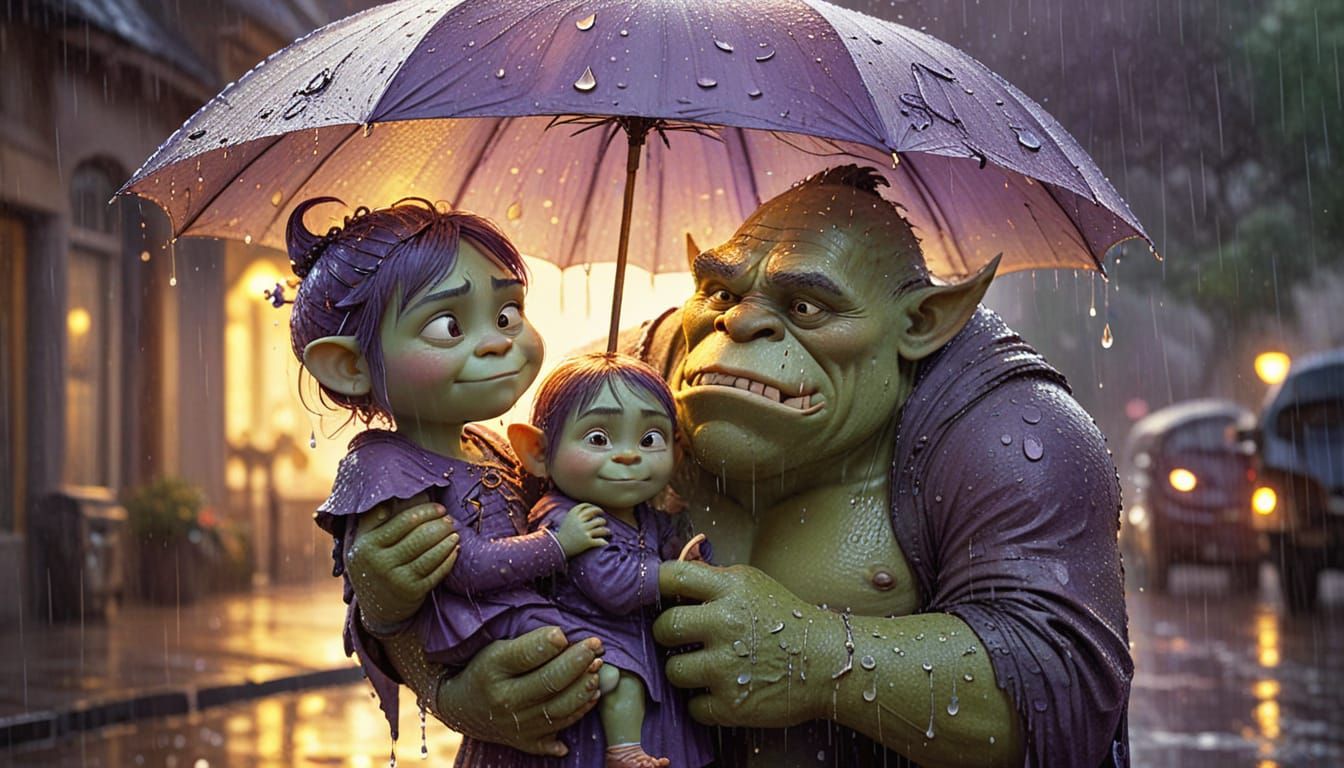 Ogre's Rainy Day Rescue: A Whimsical Watercolor Fantasy